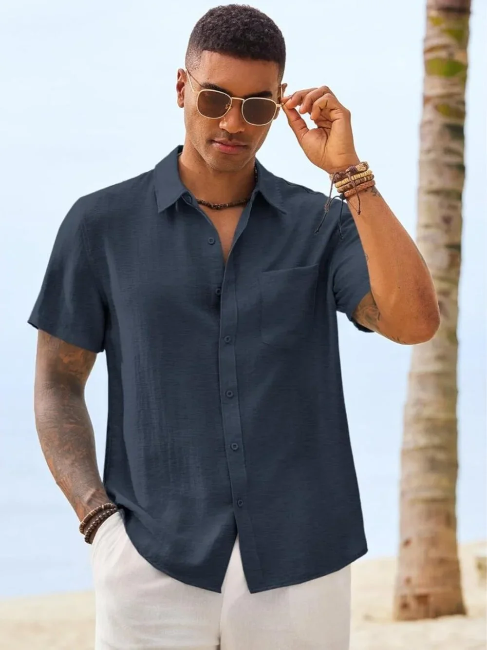 Men's Navy Button Down Linen Short Sleeve Casual Beach Wedding Shirt - Picture 2 of 6